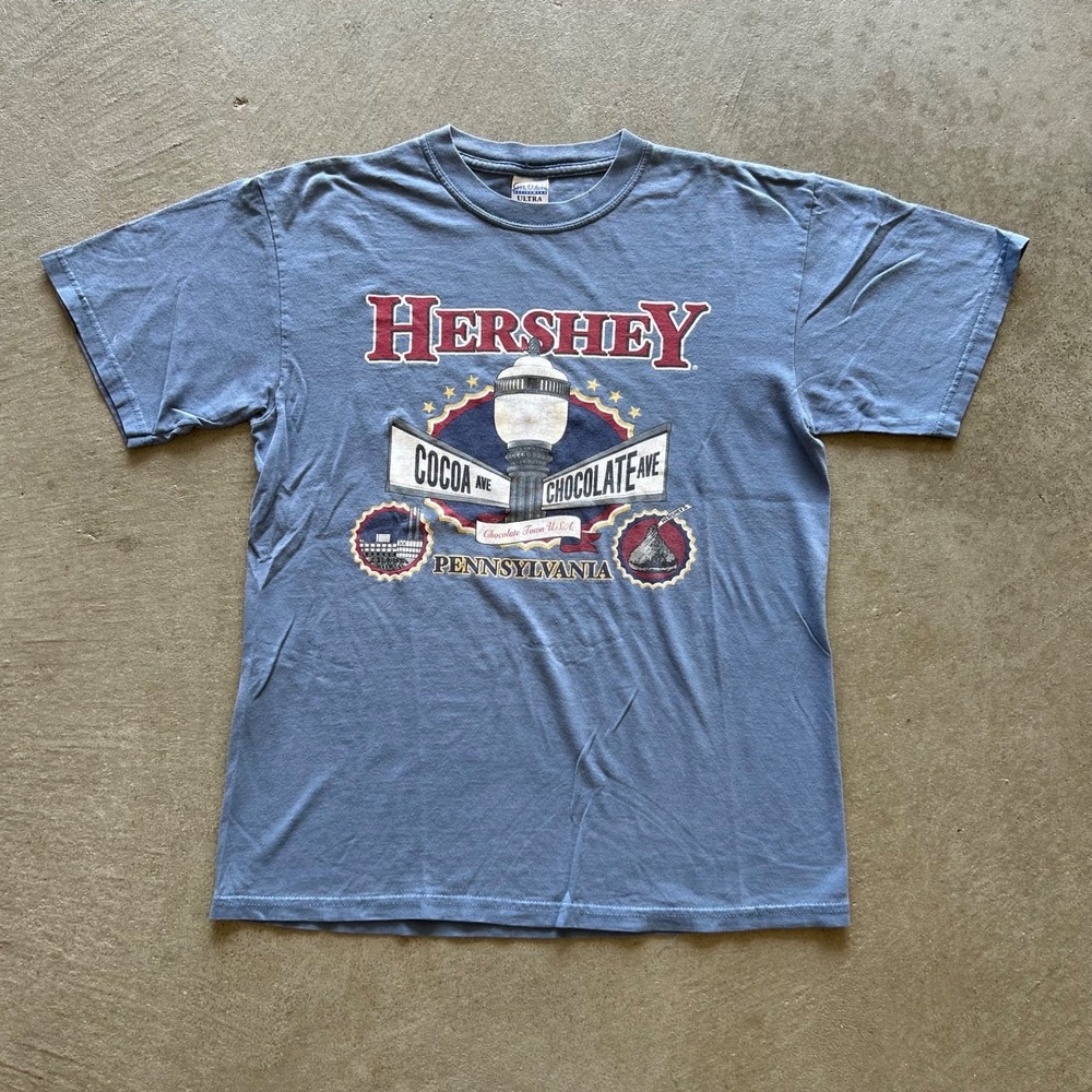 Vintage 90s Hershey Pennsylvania Shirt Size Medium Blue Cocoa Chocolate Ave Kiss